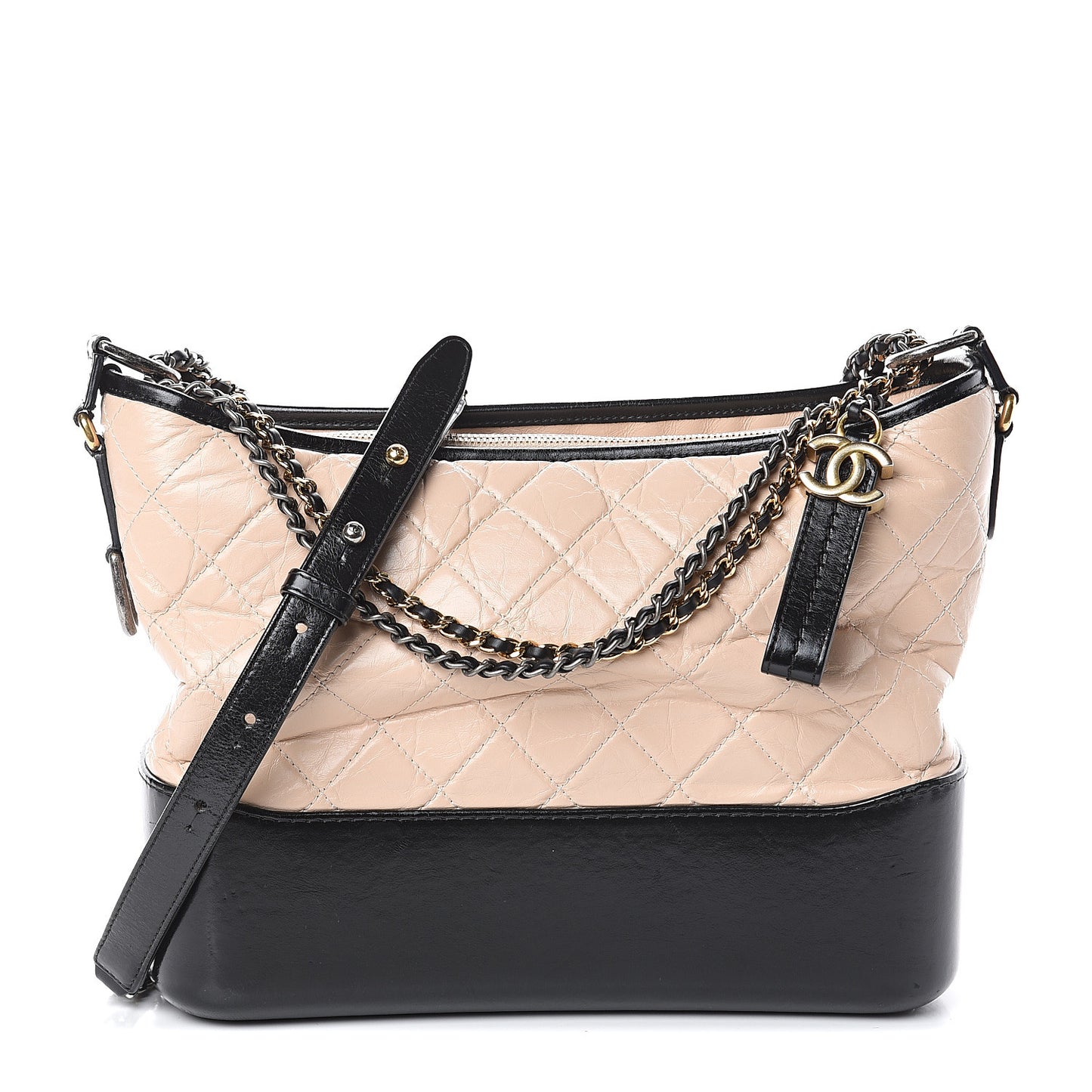 Aged Calfskin Quilted Medium Gabrielle Hobo Beige Black