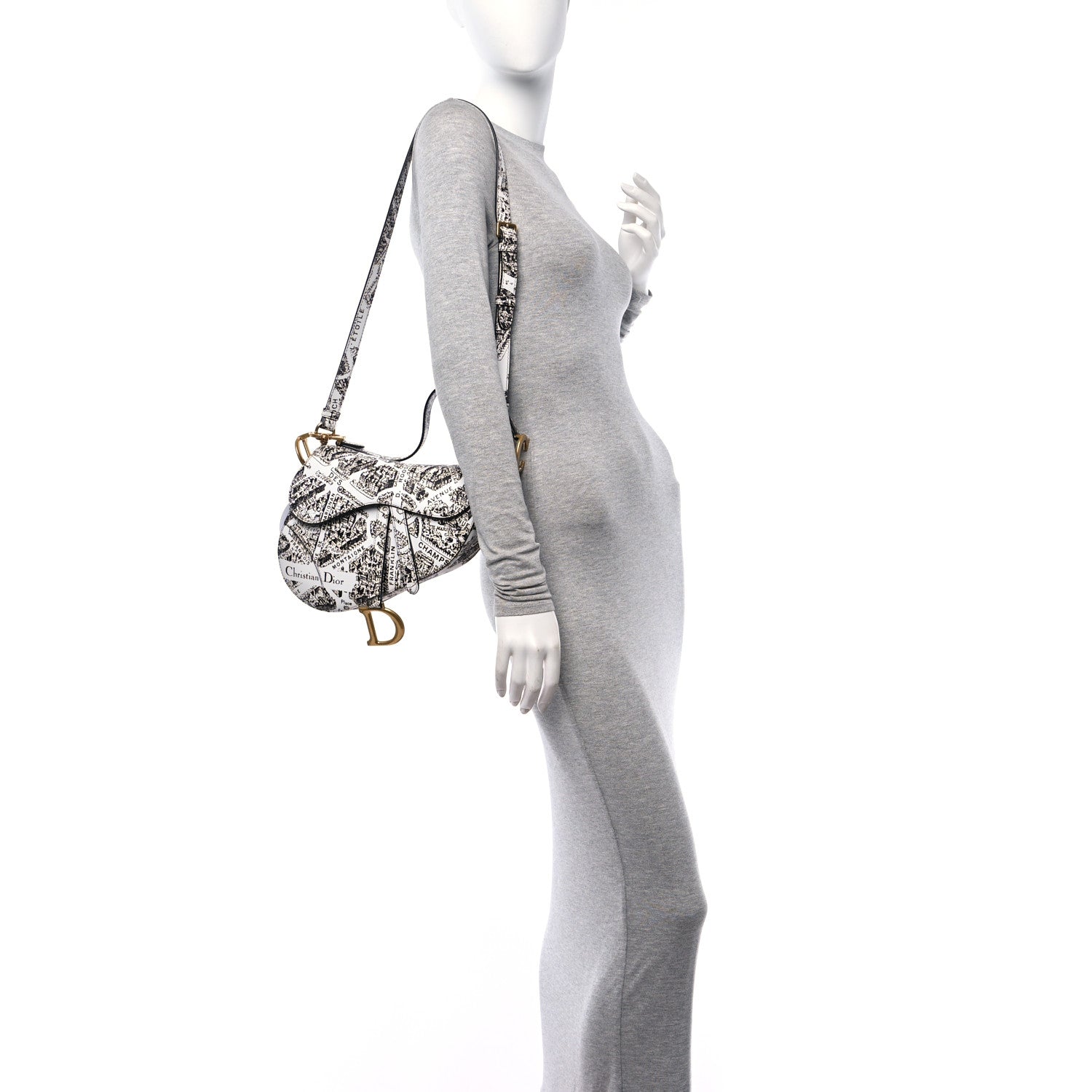 Christian Dior Calfskin Plan De Paris Printed Saddle Bag With Strap White Black 2 of 10