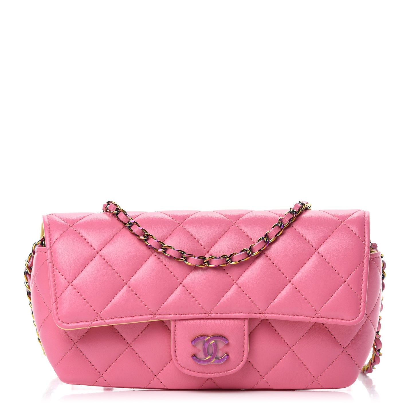 Lambskin Quilted Glasses Case With Chain Pink Yellow