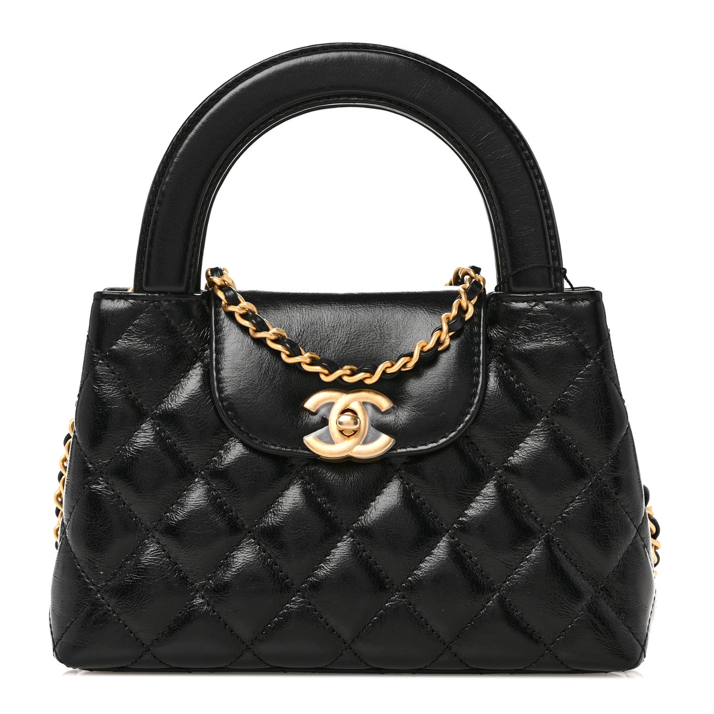 Shiny Aged Calfskin Quilted Nano Kelly Shopper Black