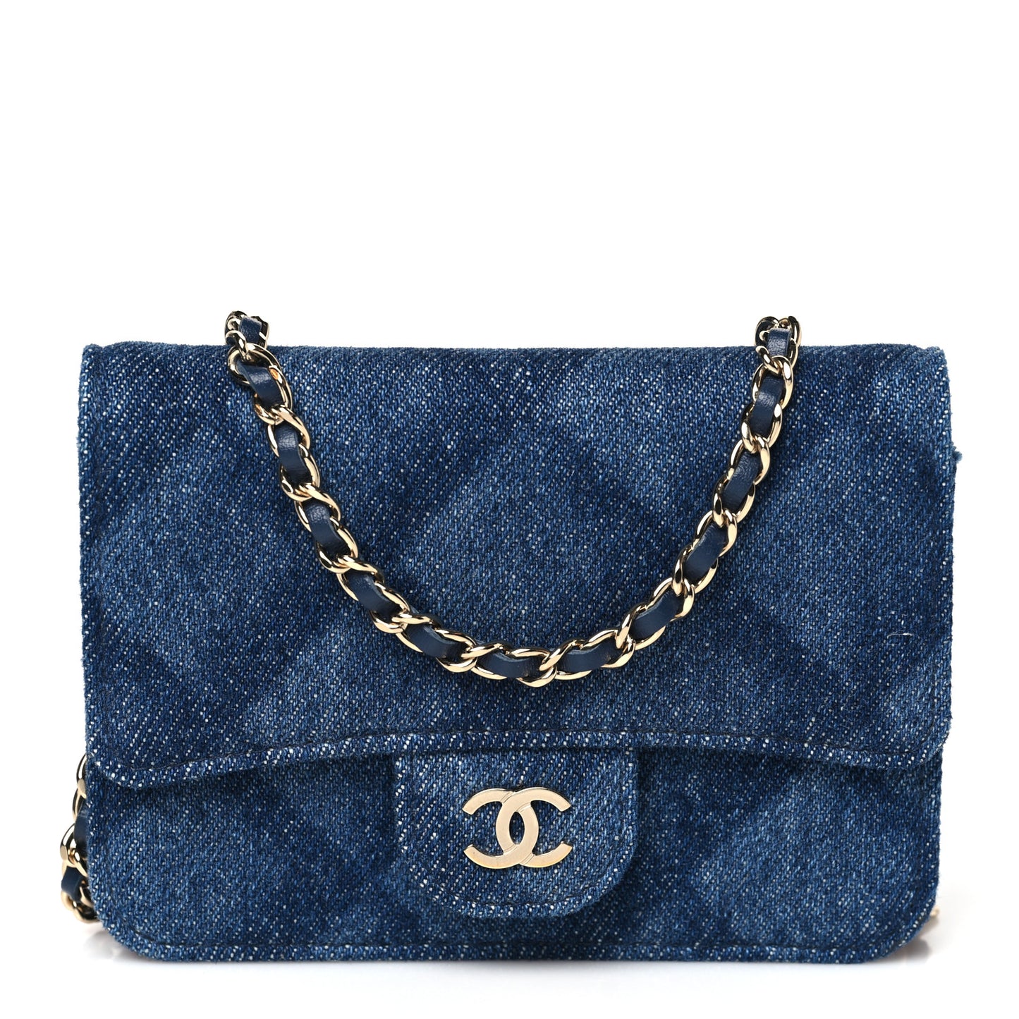 Printed Denim Quilted Card Holder On Chain  Dark Blue