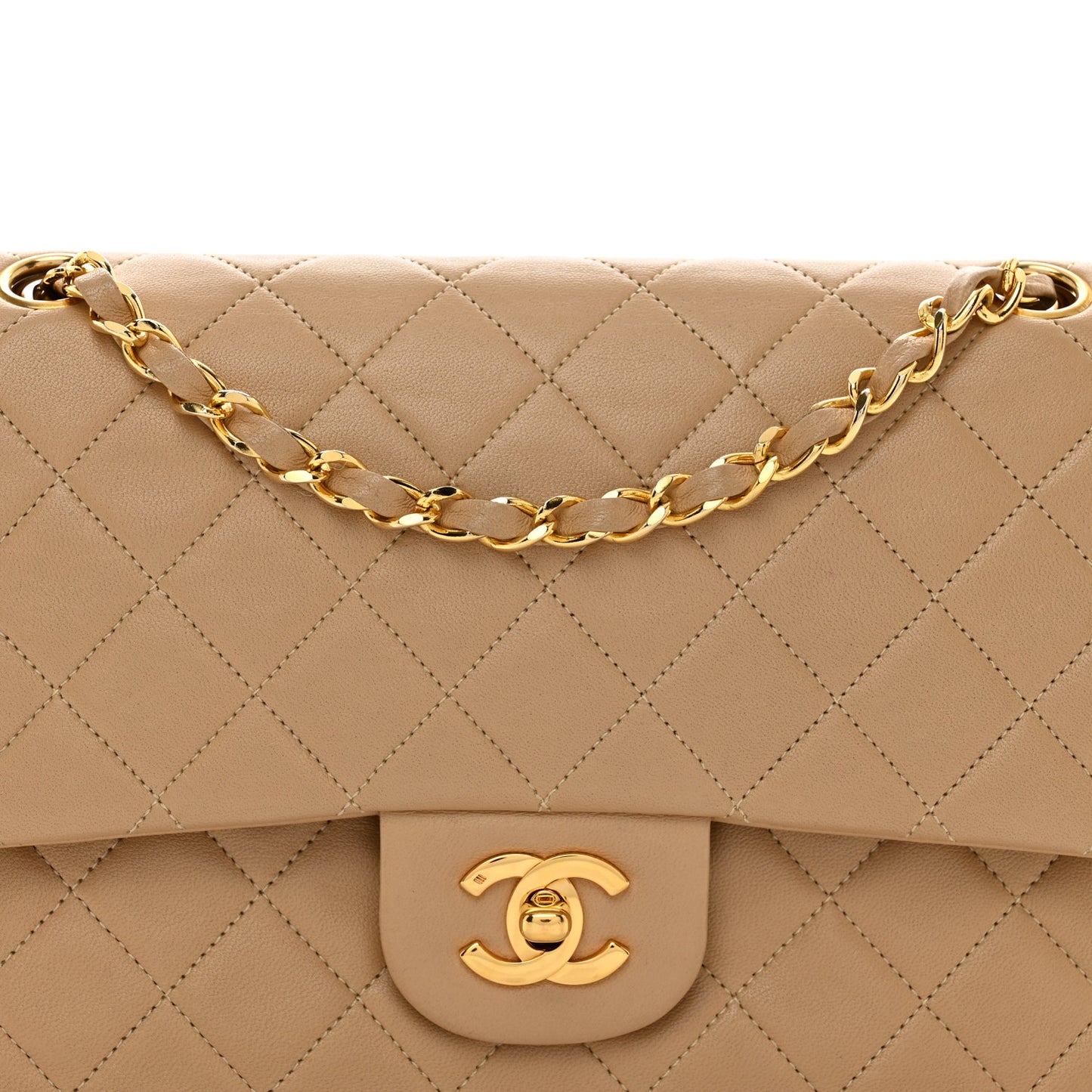 Lambskin Quilted Medium Double Flap Beige