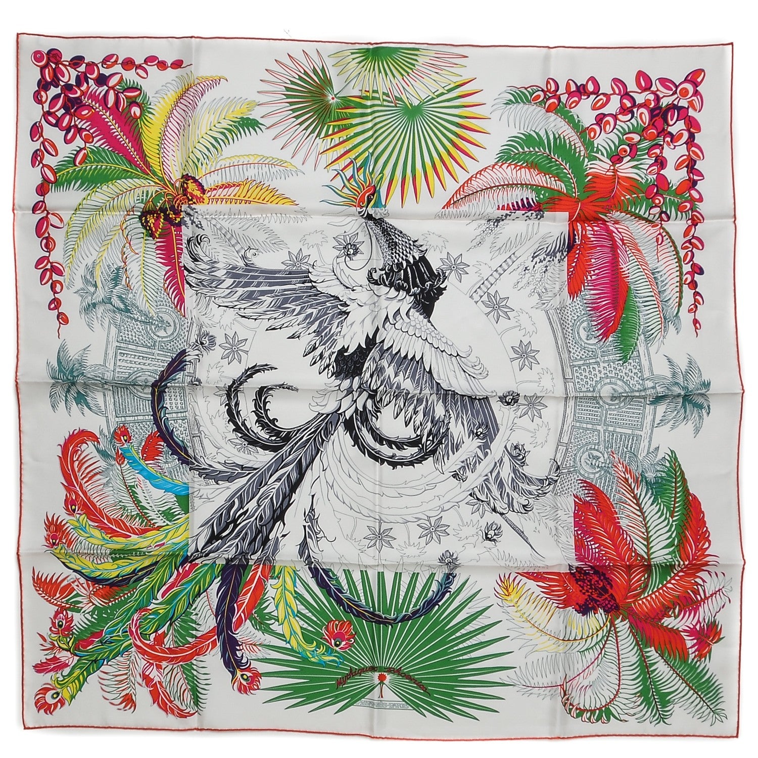 Hermes Silk Mythiques Phoenix Coloriage Scarf 90 Blanc Vert Rouge 1 of 6