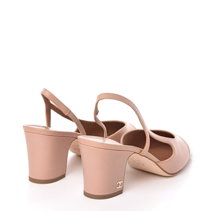 Chanel Glazed Calfskin Cap Toe CC Slingback Pumps 39 Beige White 4 of 9