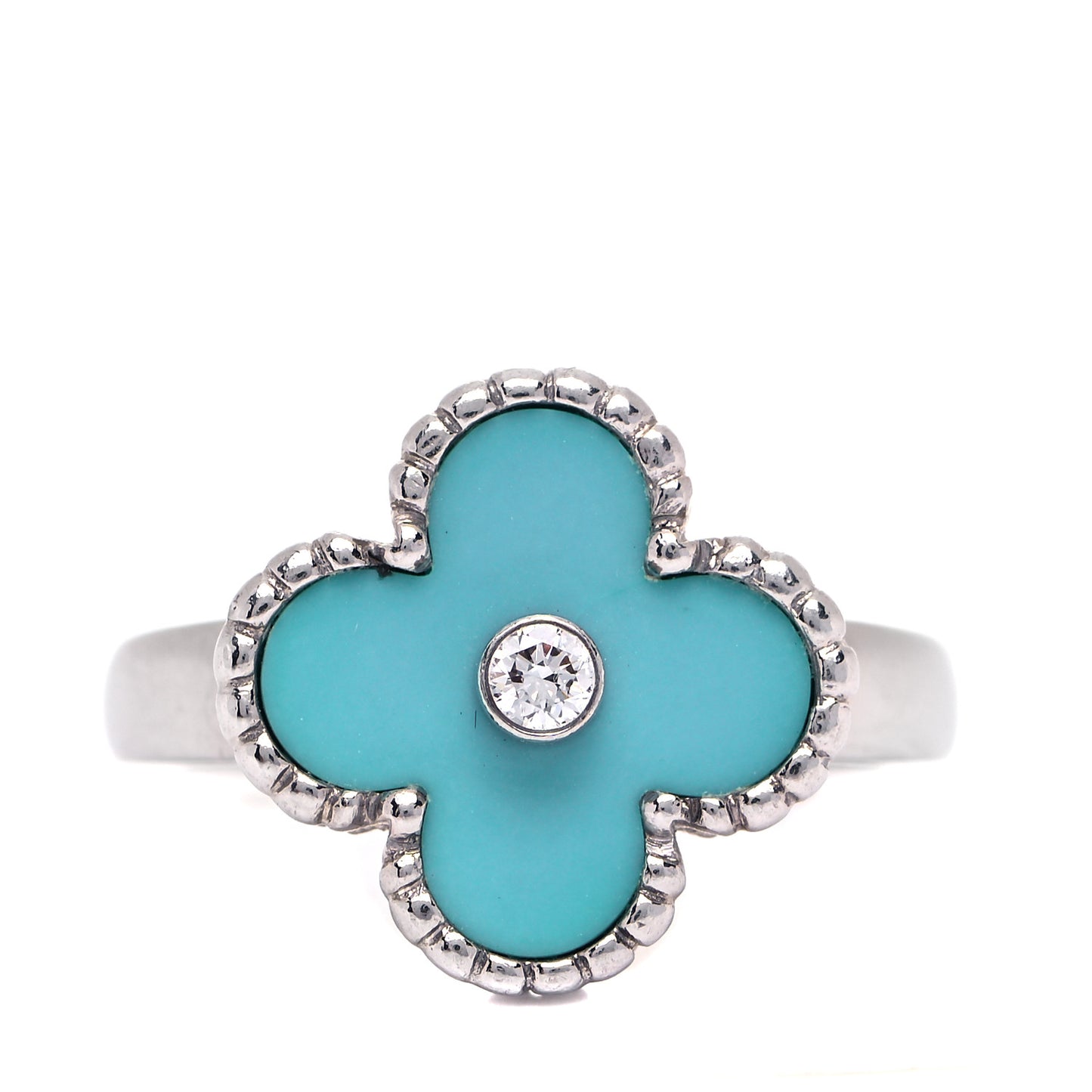 18K White Gold Diamond Turquoise Vintage Alhambra Ring 52 6