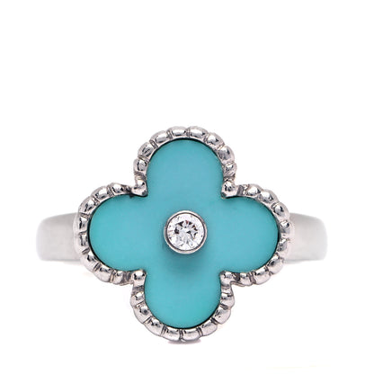 Van Cleef & Arpels 18K White Gold Diamond Turquoise Vintage Alhambra Ring 52 6 1 of 5