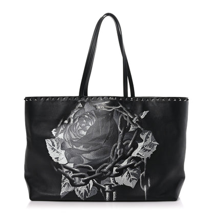 Valentino Garavani X UNDERCOVER Calfskin Print Rockstud Shoulder Tote Black 1 of 9