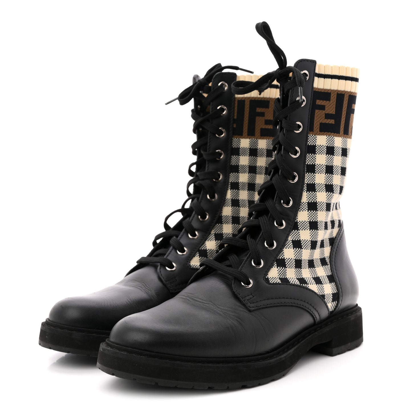 Vitello Stretch Fabric FF Vichy Rockoko Biker Boots 39 Black Crema Tobacco