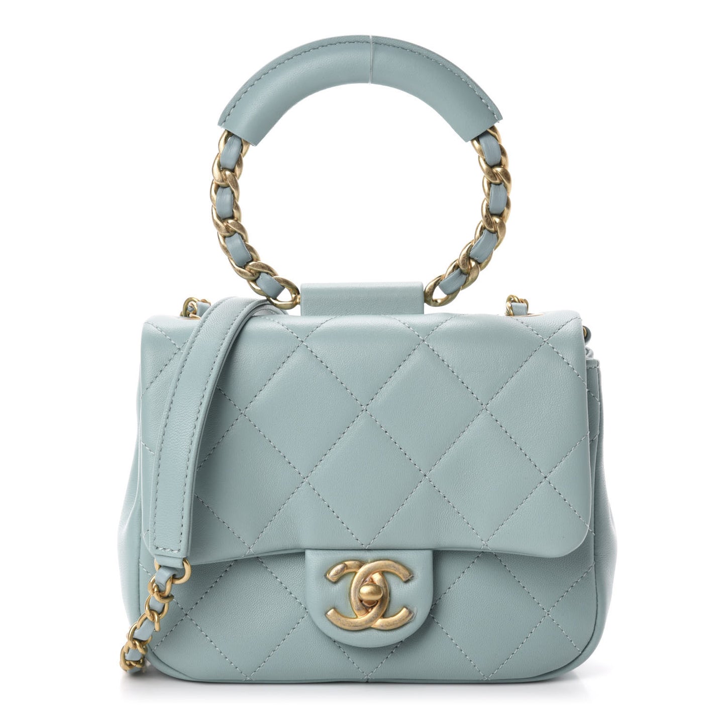 Lambskin Quilted Small Circular Handle Bag Blue