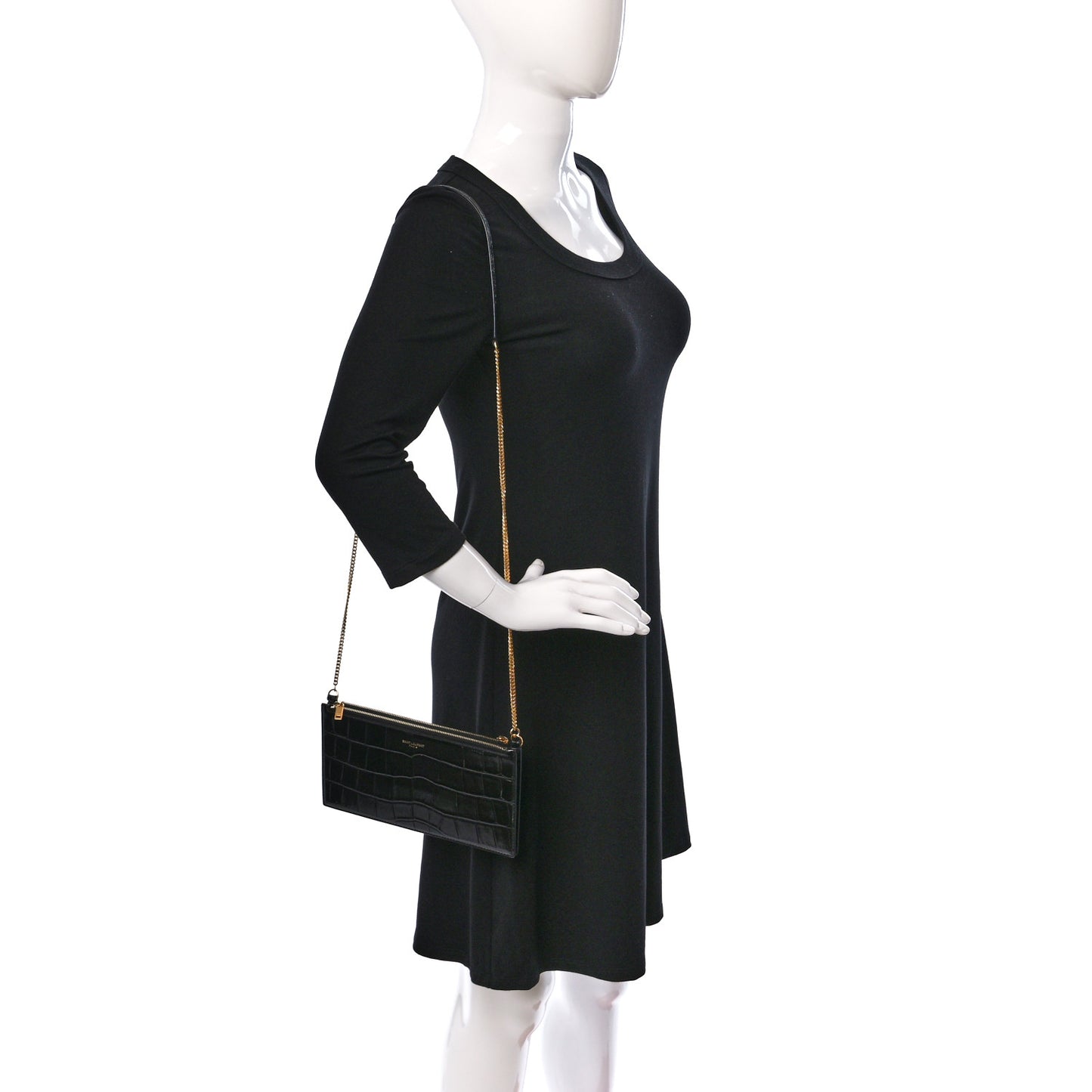 Calfskin Crocodile Embossed Double Pouch On Chain Black