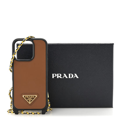 Prada Vitello Metal Triangle Logo iPhone 16 Pro Case With Strap Cognac 14 of 14