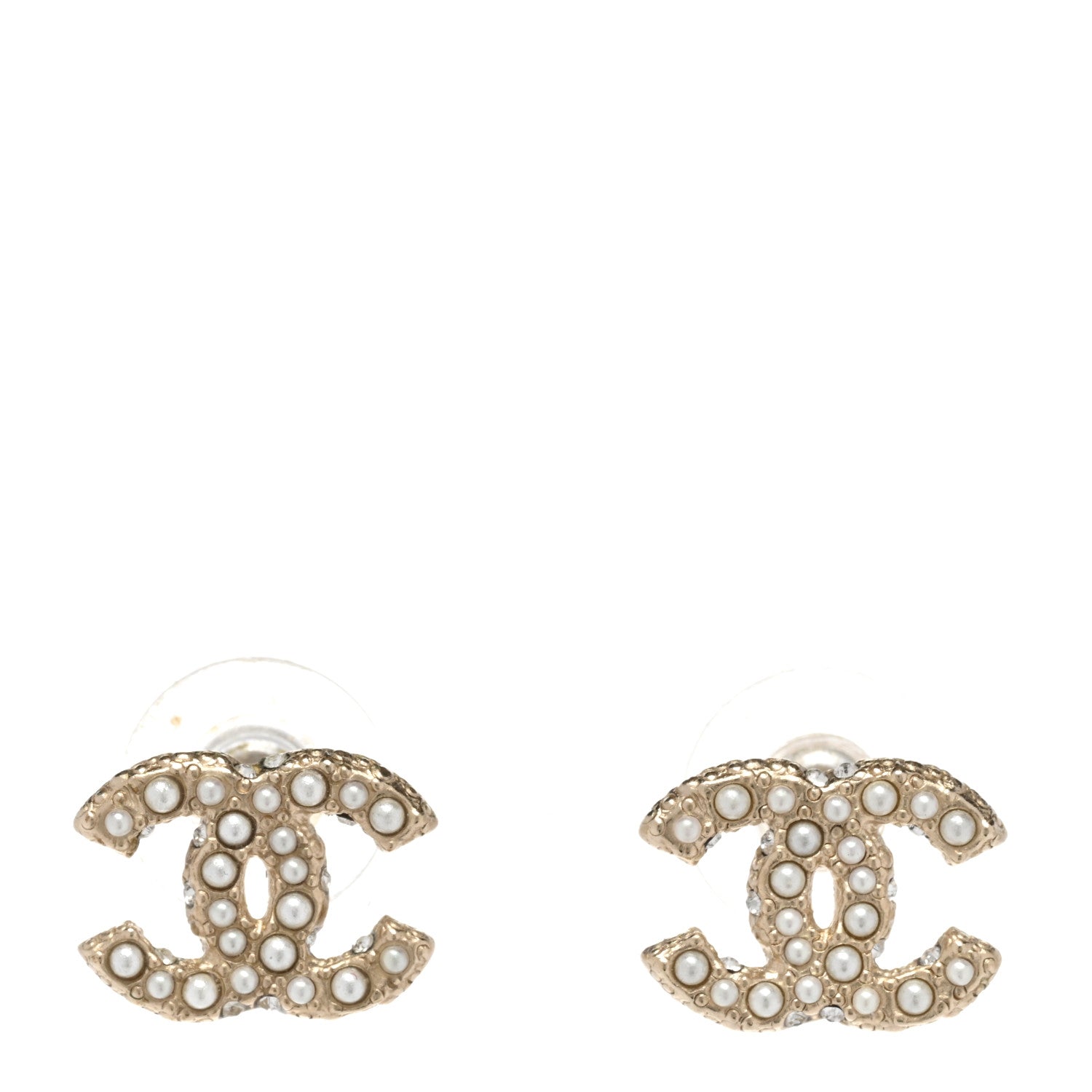 Chanel Metal Graduated Pearl Crystal CC Earrings Light Gold 1 of 5