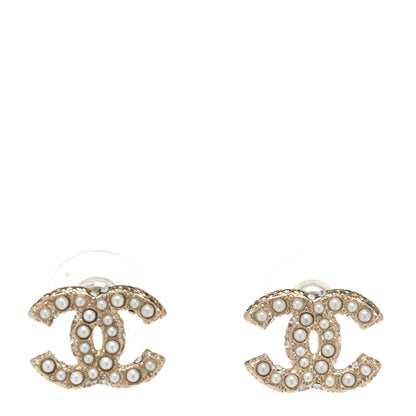 Chanel Metal Graduated Pearl Crystal CC Earrings Light Gold 1 of 5