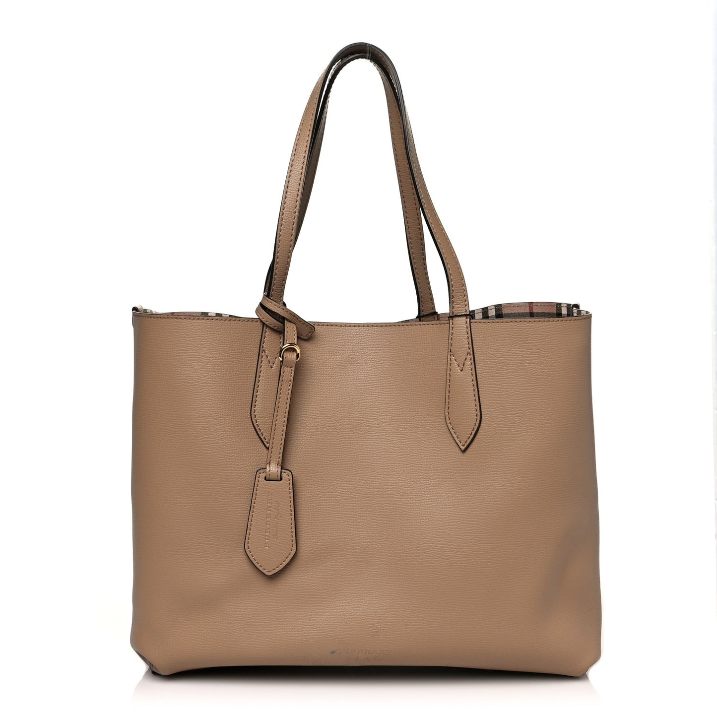 Grainy Calfskin Haymarket Check Medium Reversible Tote Camel