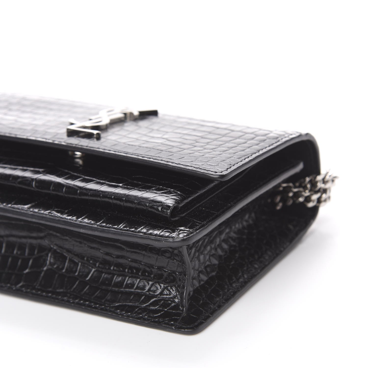 Saint Laurent Calfskin Crocodile Embossed Monogram Sunset Chain Wallet Black 9 of 10
