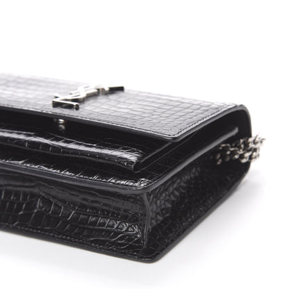 Saint Laurent Calfskin Crocodile Embossed Monogram Sunset Chain Wallet Black 9 of 10