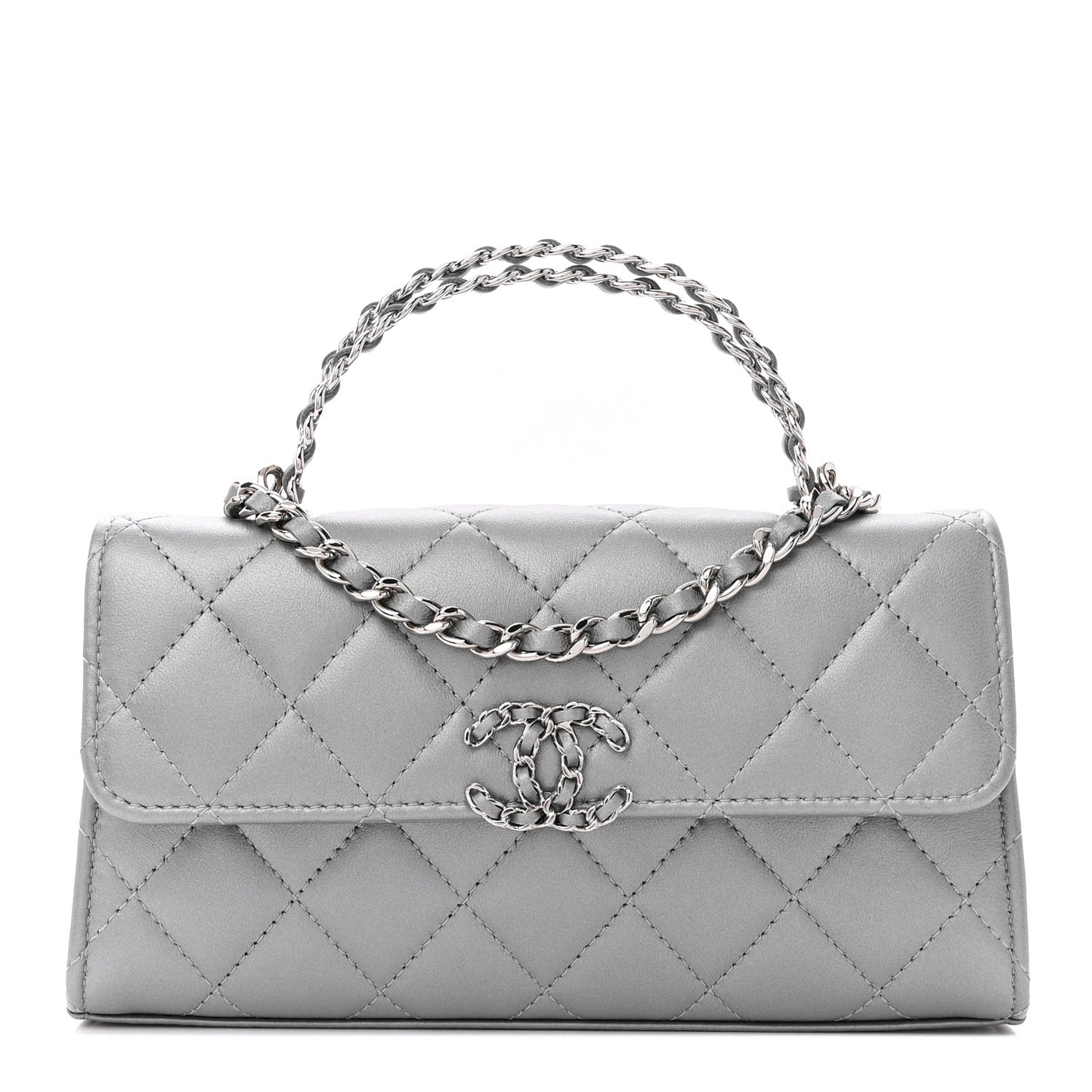 Lambskin Quilted Chain Top Handle Phone Holder With Chain Silver