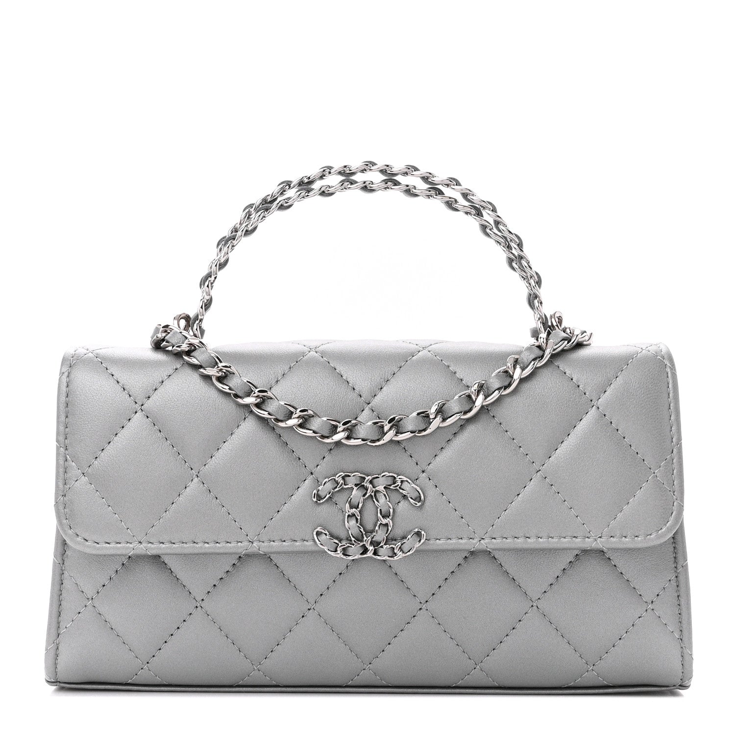 Chanel Lambskin Quilted Chain Top Handle Phone Holder With Chain Silver 1 of 11
