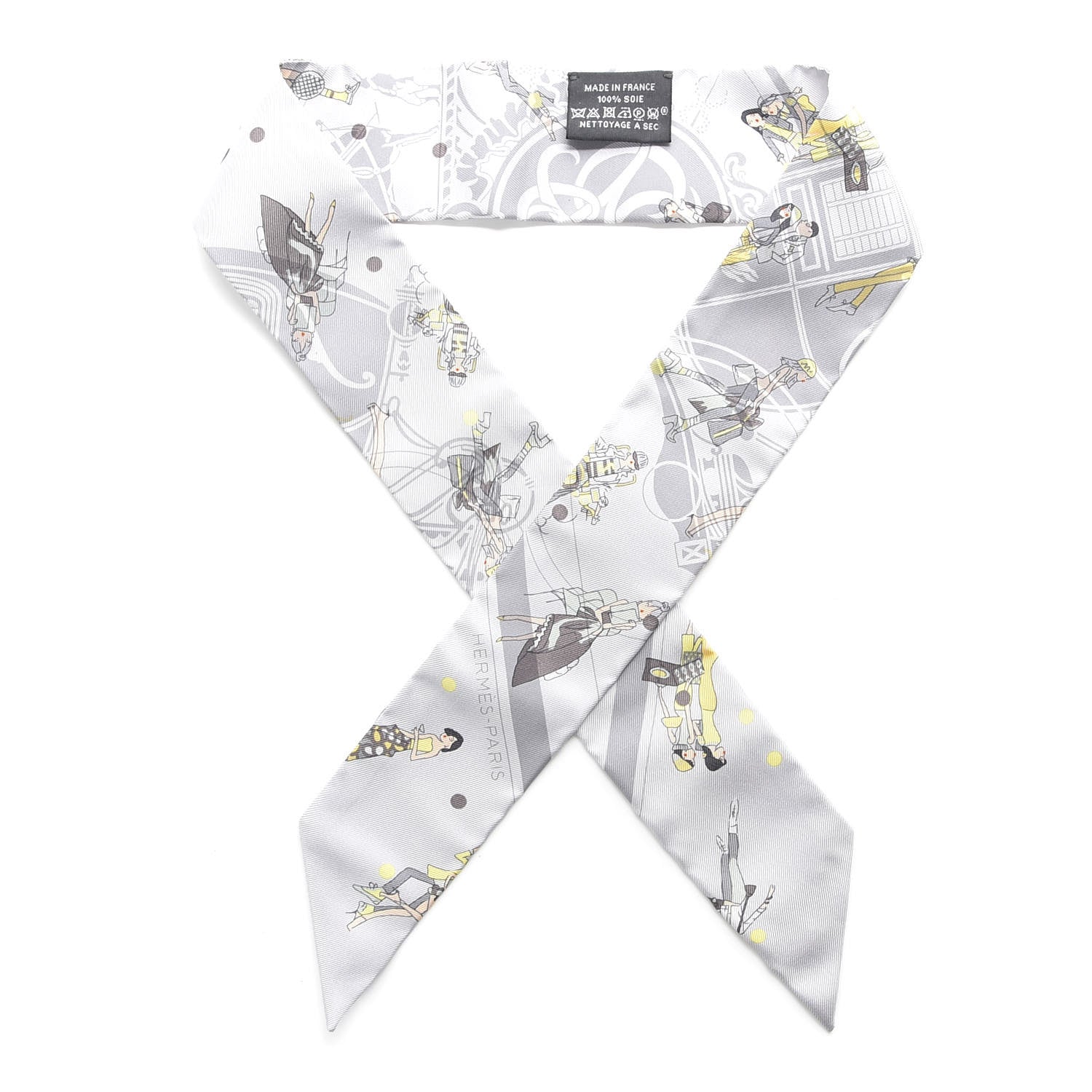 Hermes Silk Ex-Libris Les Parisie Twilly Gris Perle Jaune Soufre 1 of 4