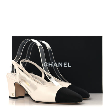 Chanel Goatskin Grosgrain Cap Toe CC Slingback Pumps 38 White Black 10 of 10