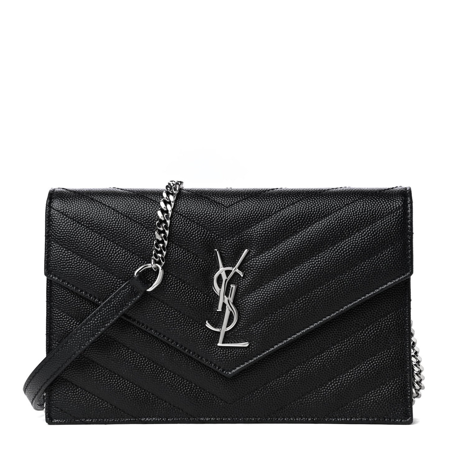 Grain De Poudre Matelasse Chevron Monogram Envelope Chain Wallet Black