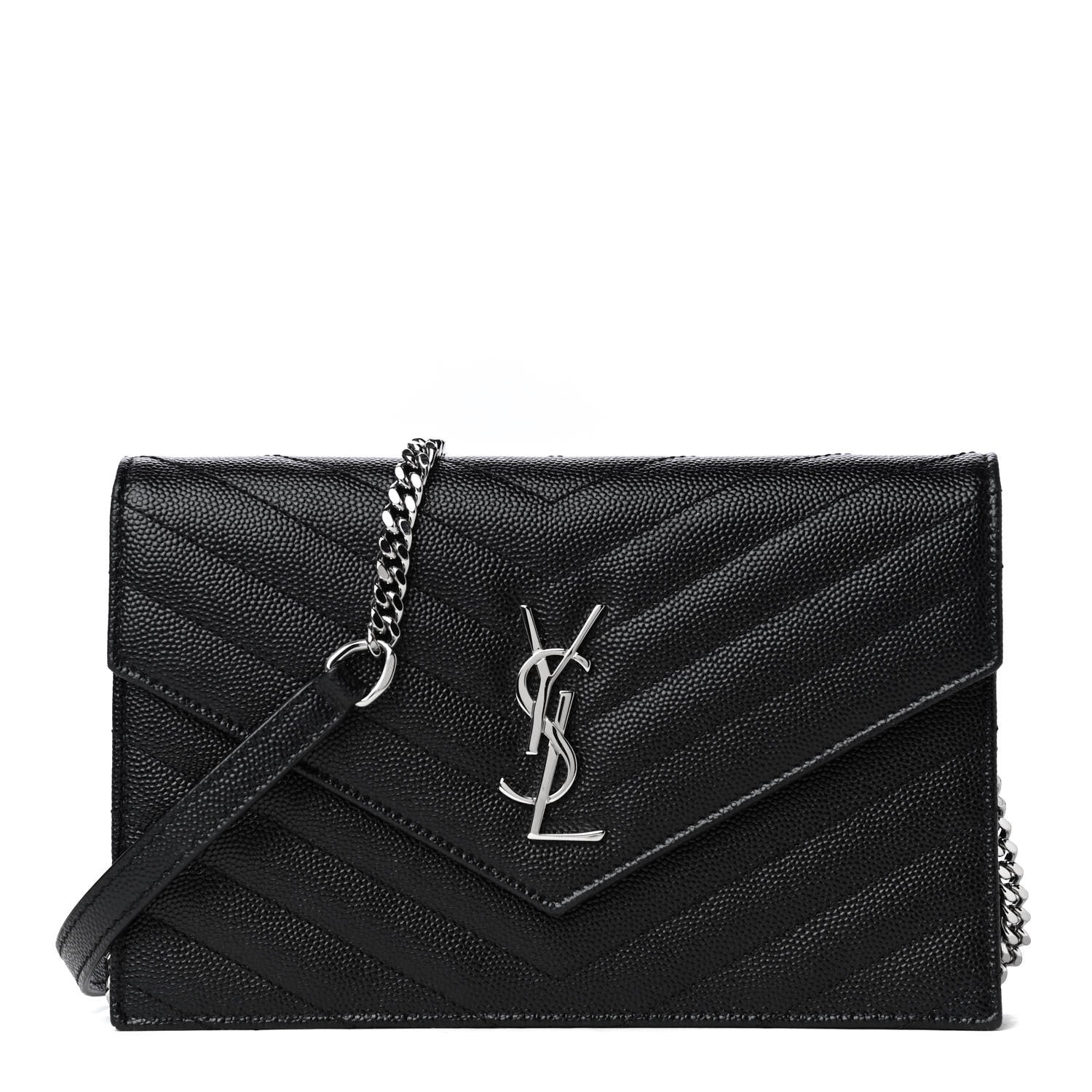 Saint Laurent Grain De Poudre Matelasse Chevron Monogram Envelope Chain Wallet Black 1 of 8