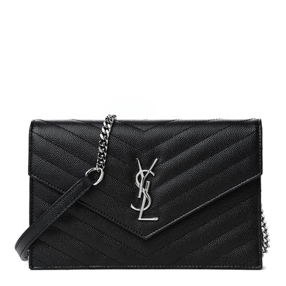 Saint Laurent Grain De Poudre Matelasse Chevron Monogram Envelope Chain Wallet Black 1 of 8