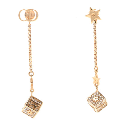 Christian Dior Metal Crystal Lucky Square Drop Earrings Gold 1 of 4