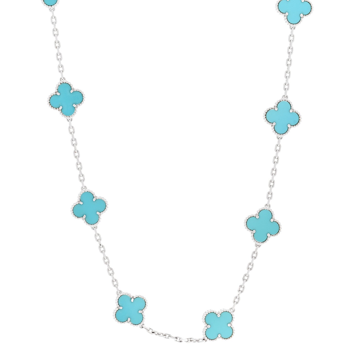 Van Cleef & Arpels 18K White Gold Turquoise 10 Motifs Vintage Alhambra Necklace 1 of 6