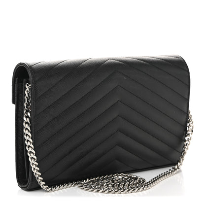 Saint Laurent Grain De Poudre Matelasse Chevron Monogram Chain Wallet Black 4 of 18