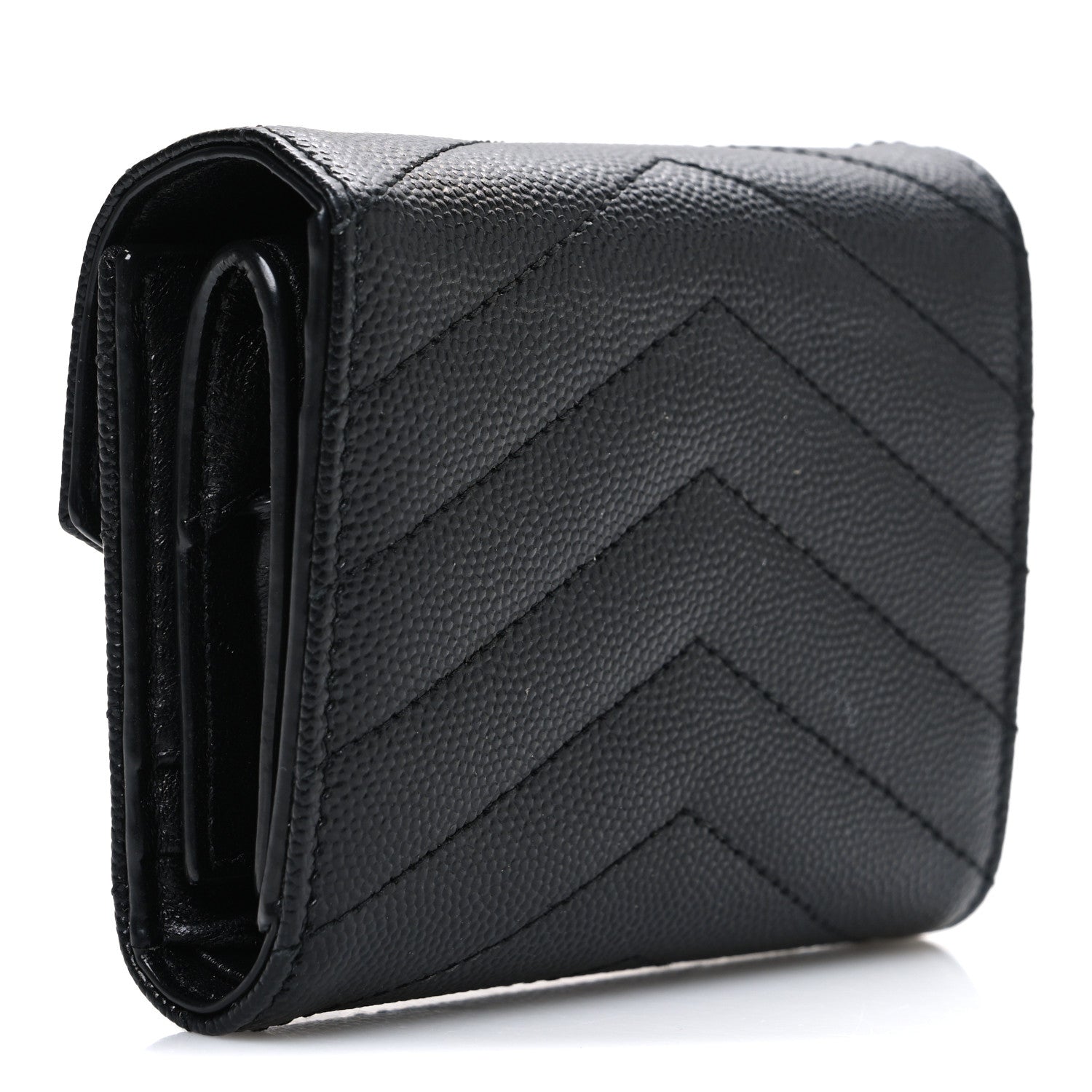 Saint Laurent Grain De Poudre Matelasse Chevron Monogram Compact Tri Fold Wallet Black 3 of 6