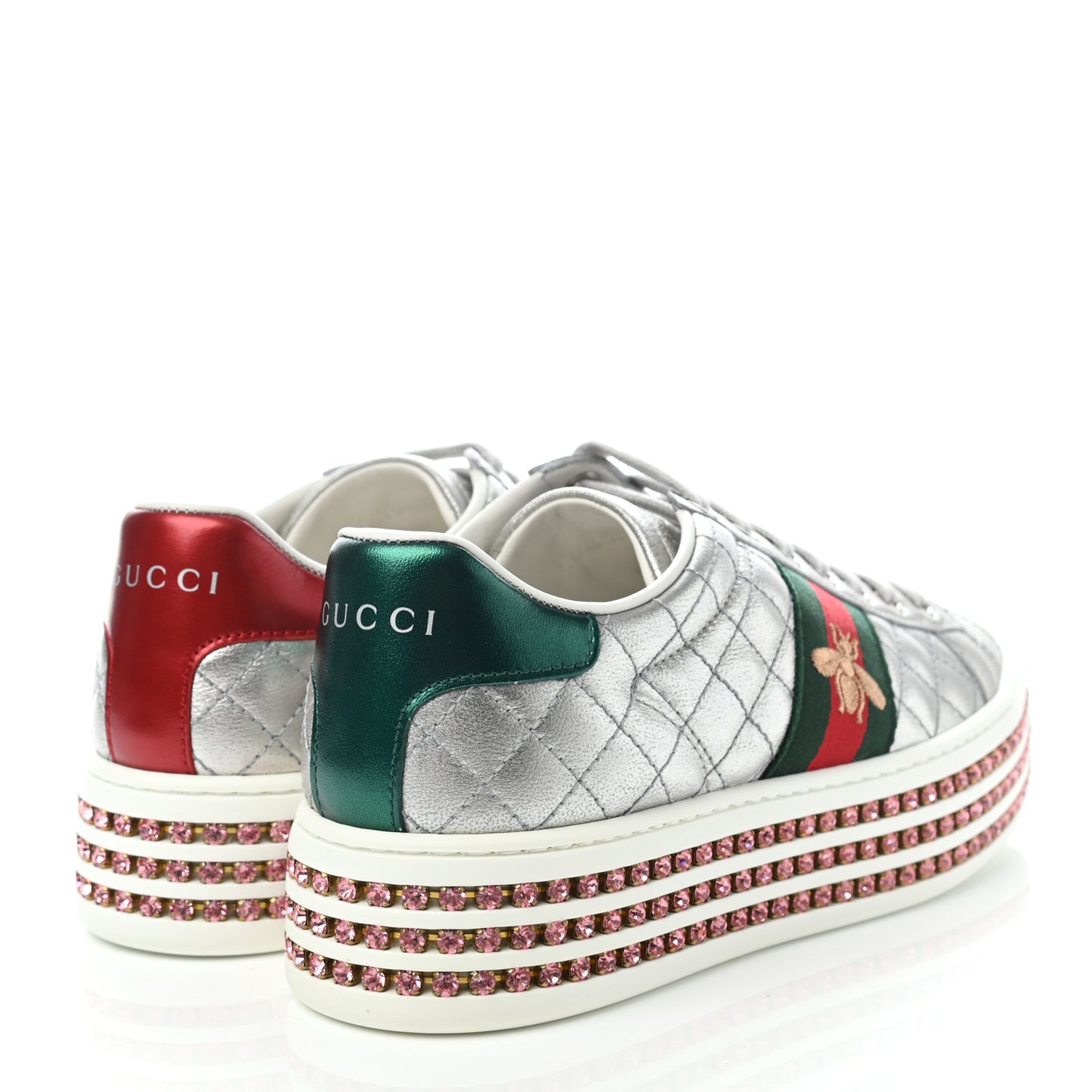 Laminated Nappa Crystal Web Bee Embroidered Trapuntata Womens Ace Platform Sneakers 35.5 Argento