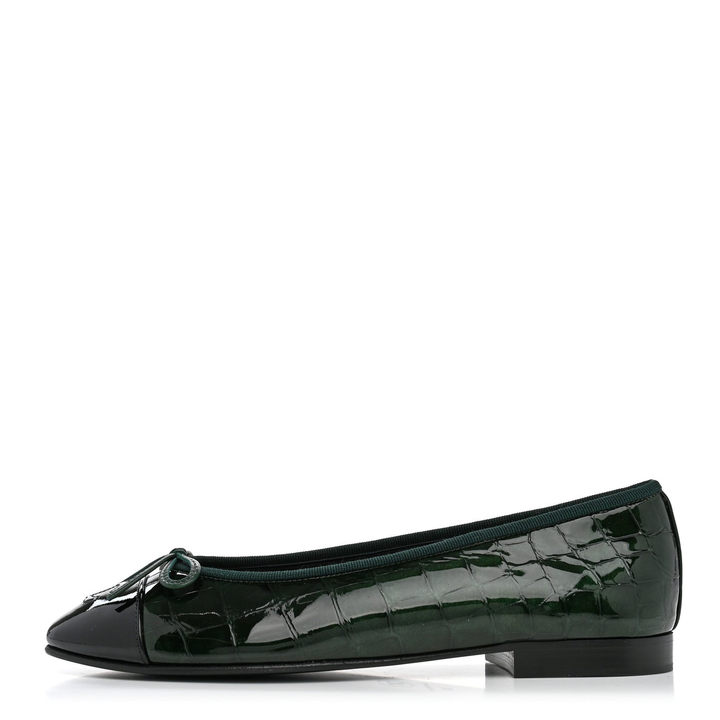 Crocodile Embossed Patent Calfskin Cap Toe CC Ballerina Flats 38 Dark Green Black