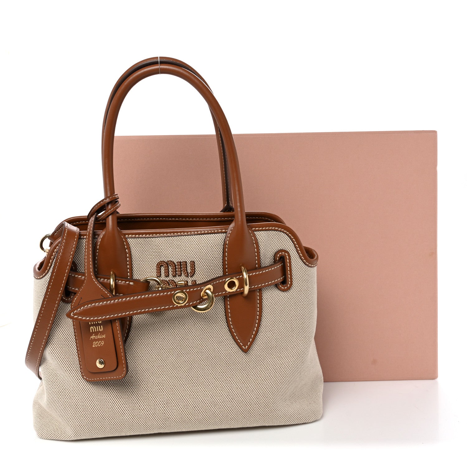 Miu Miu Canvas Calfskin Aventure Bag Beige Brandy 11 of 11