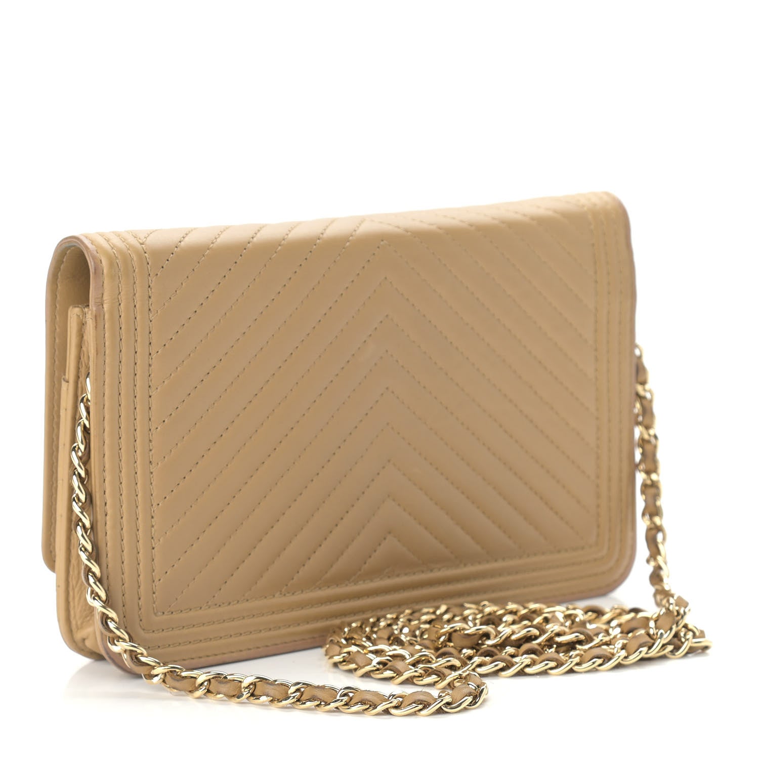 Chanel Lambskin Chevron Quilted Boy Wallet On Chain WOC Beige 3 of 11