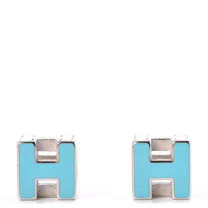 Hermes Palladium Lacquered Cage d'H Earrings Bleu Atoll 1 of 7