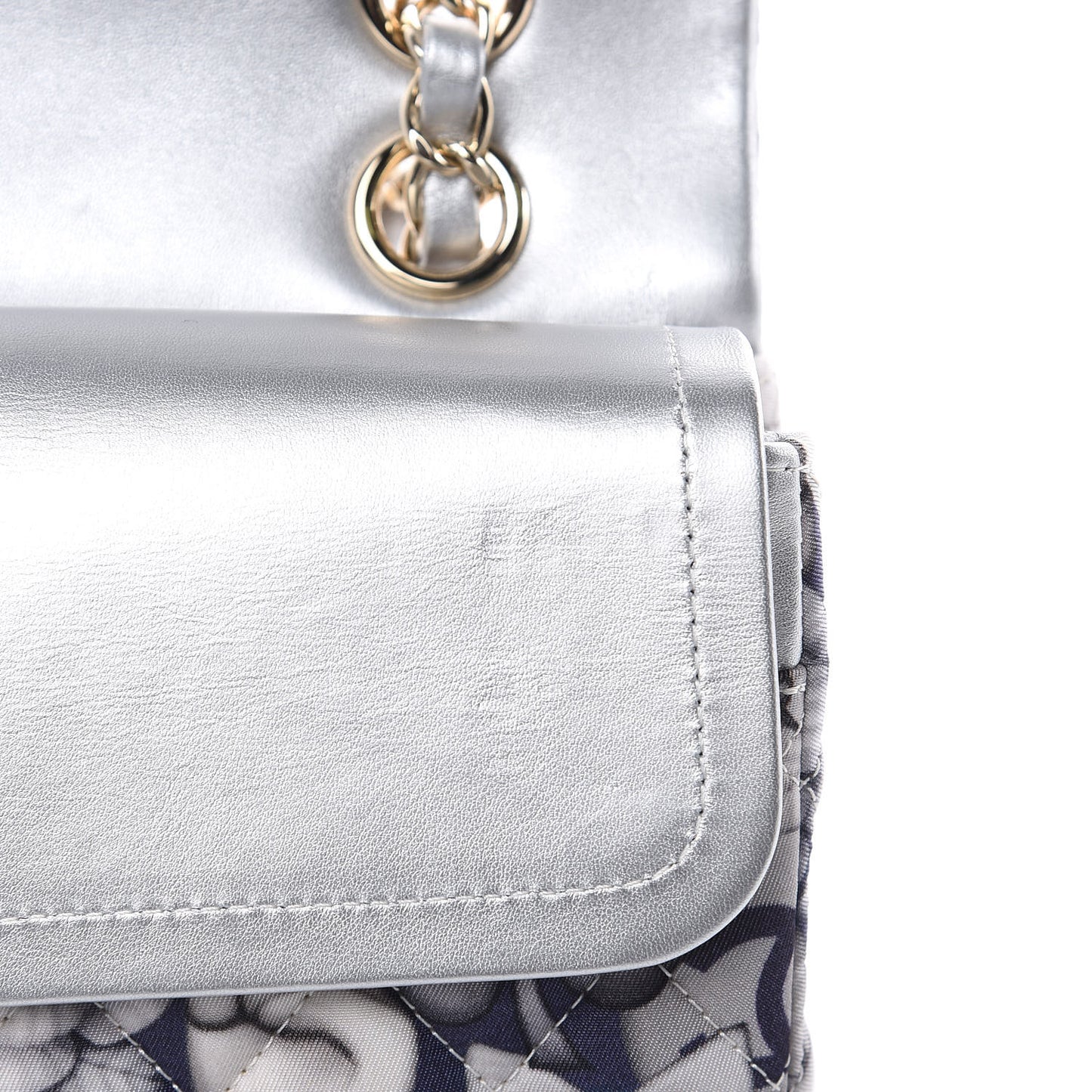 Nylon Quilted Medium Cat Emoticon Double Flap Navy Grey Ecru