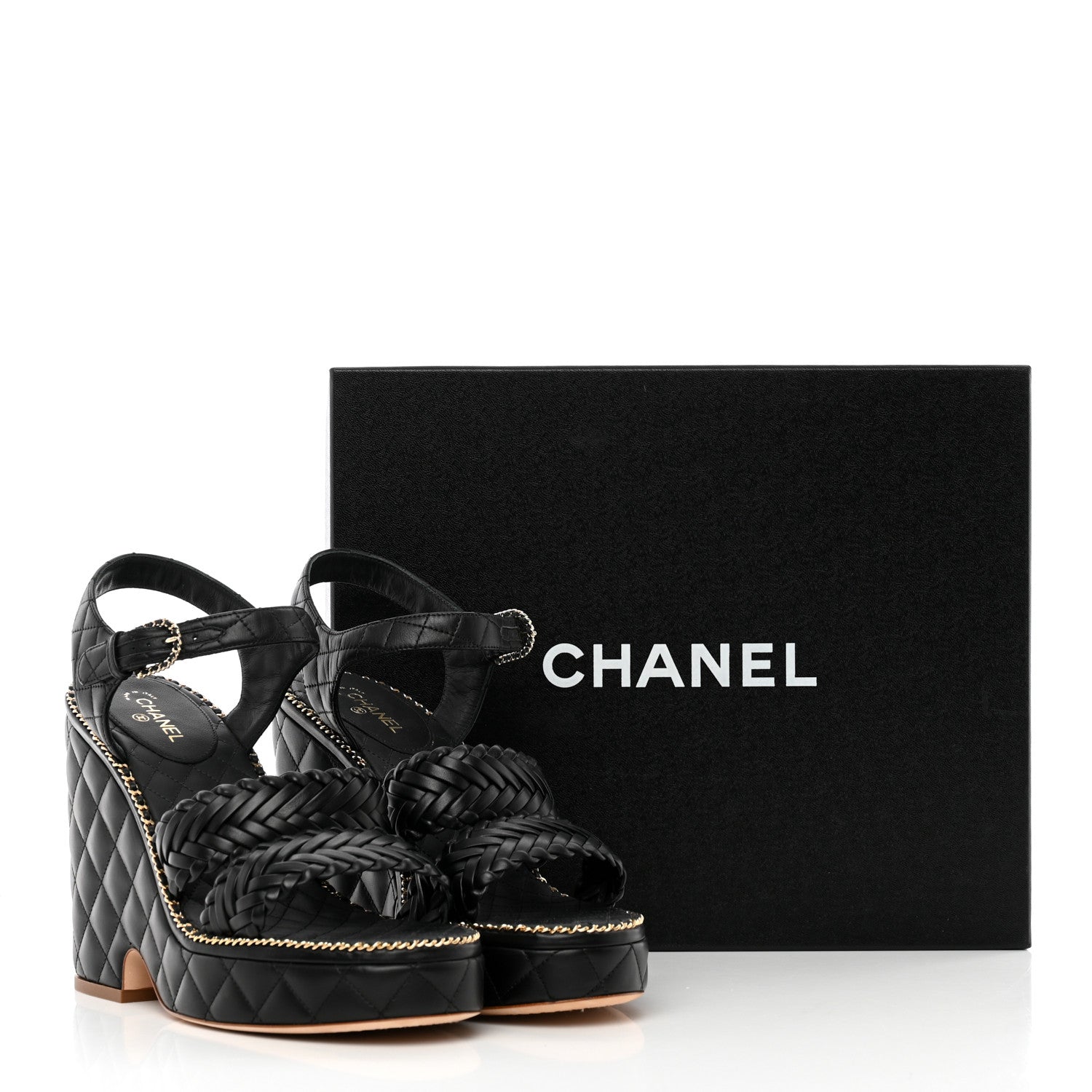Chanel Calfskin Quilted Chain Around Wedge Sandals 40 Black 12 of 12