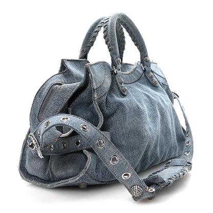 Balenciaga Washed Frayed Denim Crystal Neo Cagole City Handbag Blue 4 of 12
