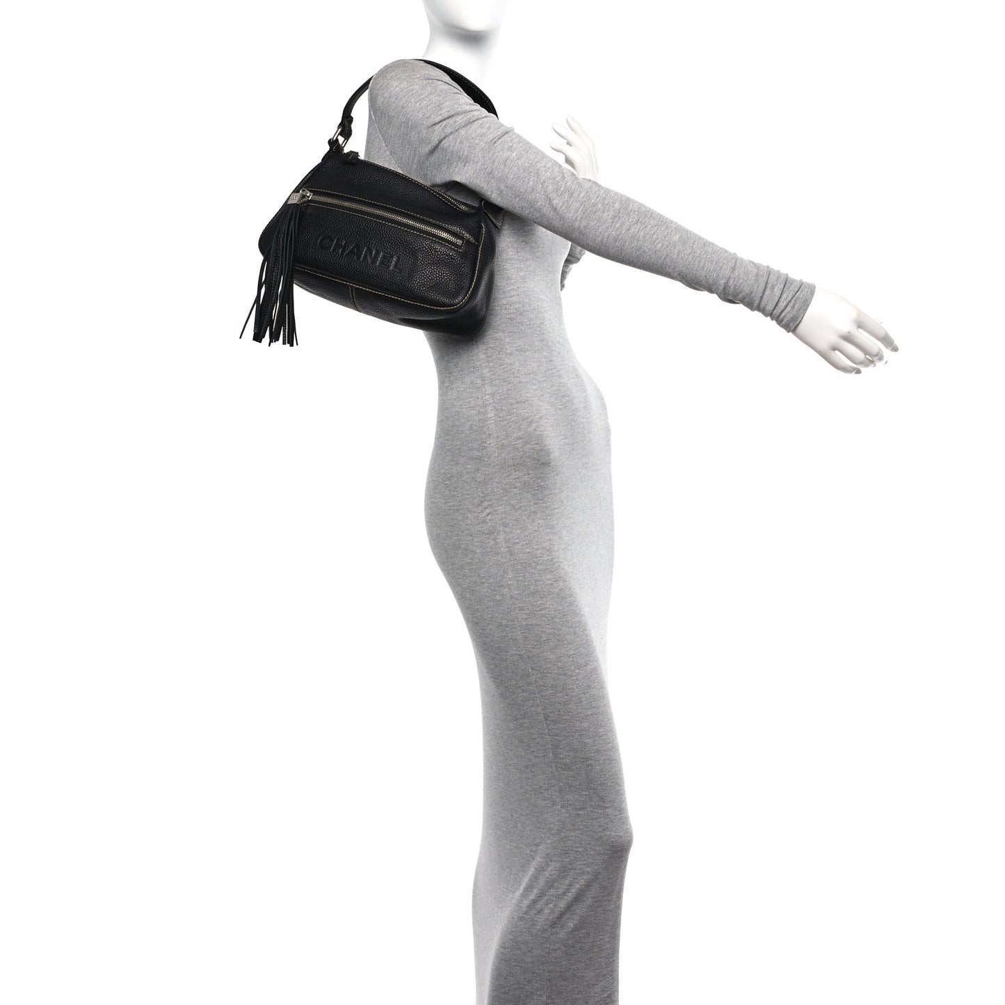 Grained Calfskin Tassel Shoulder Bag Black