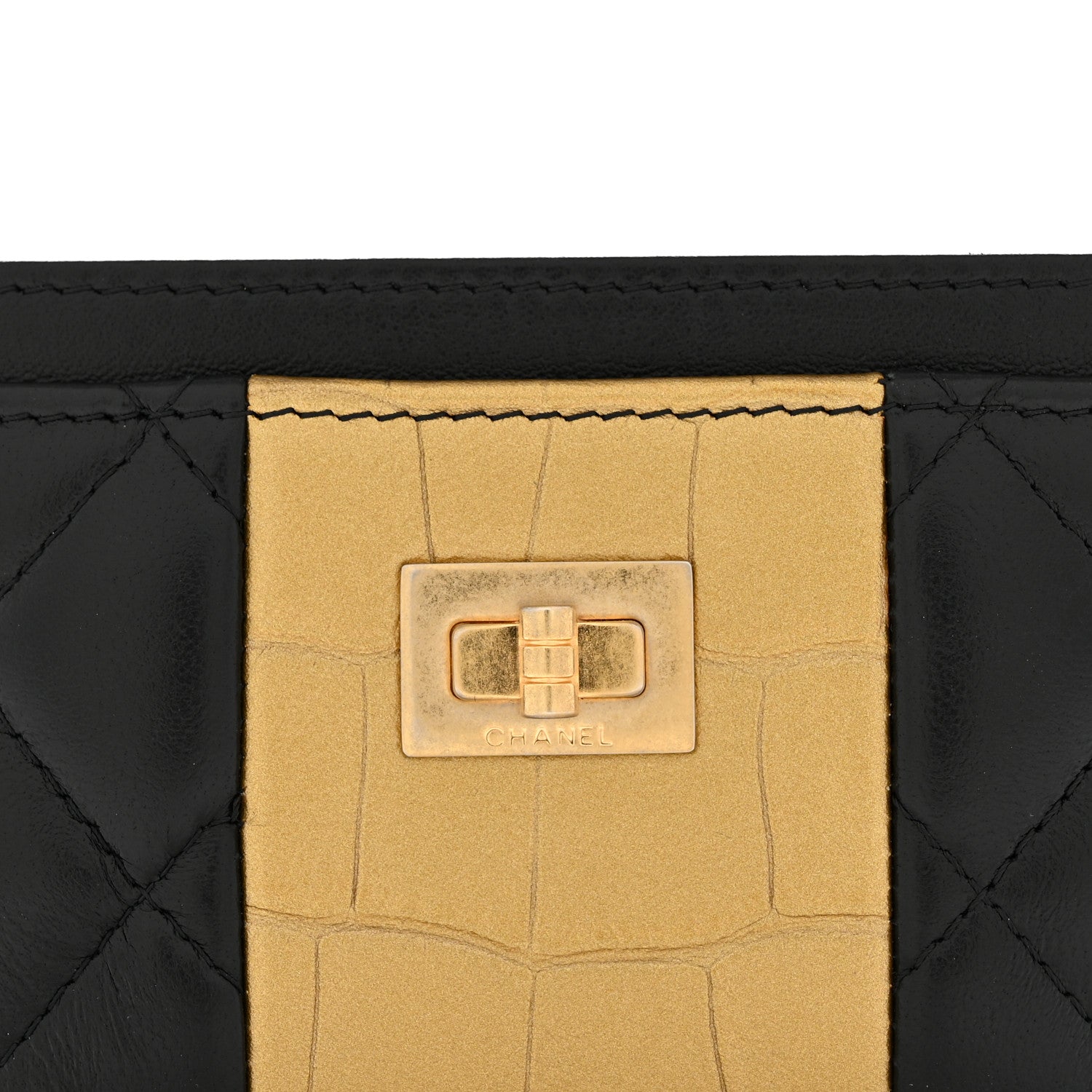 Chanel Lambskin Metallic Calfskin Crocodile Embossed 2.55 Reissue Card Holder Black Gold 9 of 9