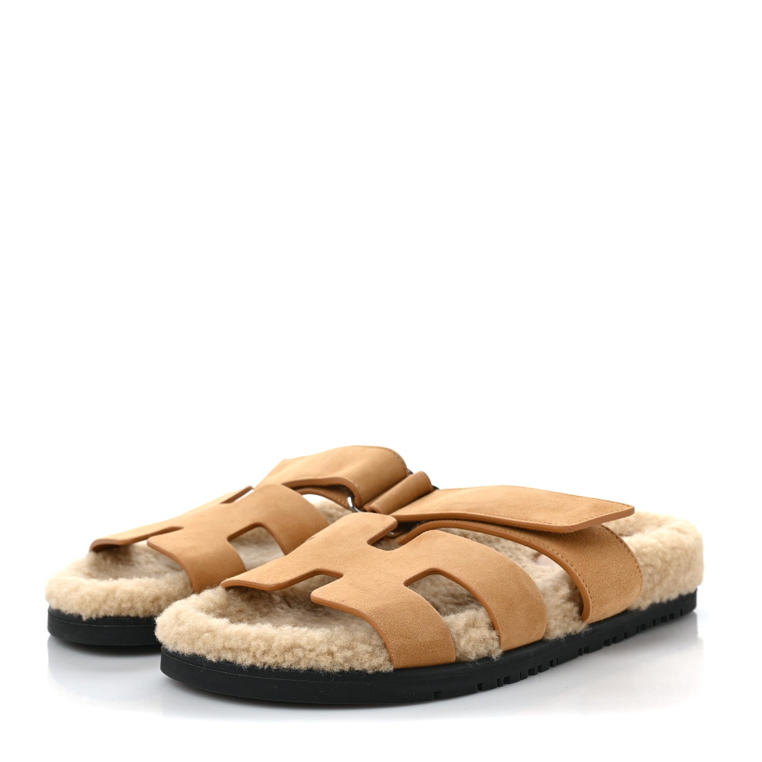 Hermes Suede Goatskin Woolskin Womens Chypre Sandals 37 Golden Beige 3 of 7