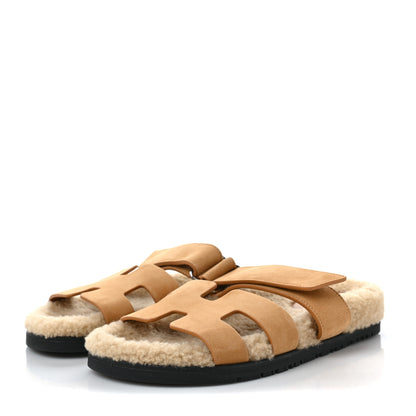 Hermes Suede Goatskin Woolskin Womens Chypre Sandals 37 Golden Beige 3 of 7