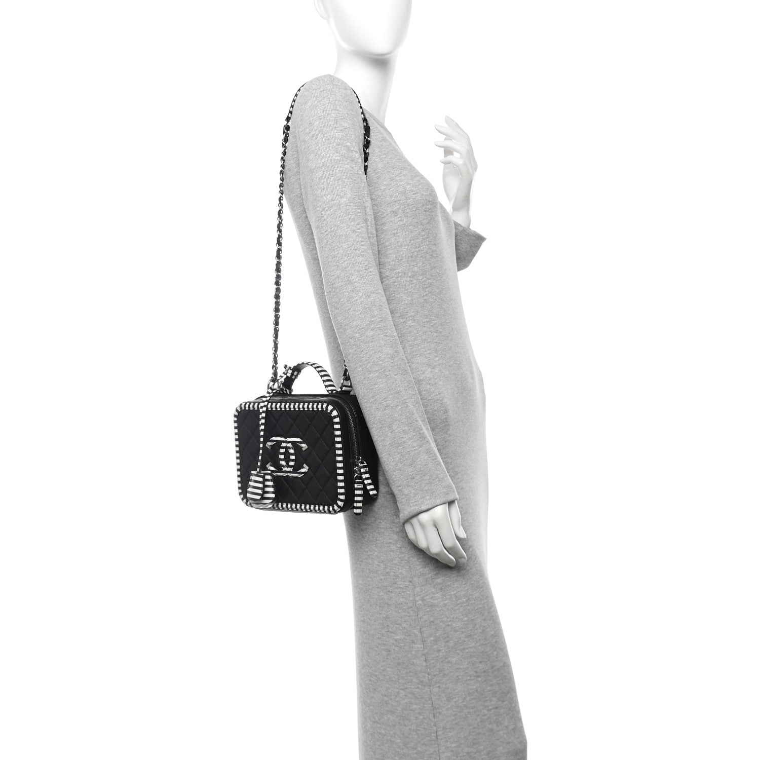 Chanel Caviar Quilted Striped Medium CC Filigree Vanity Case Black White 2 of 11