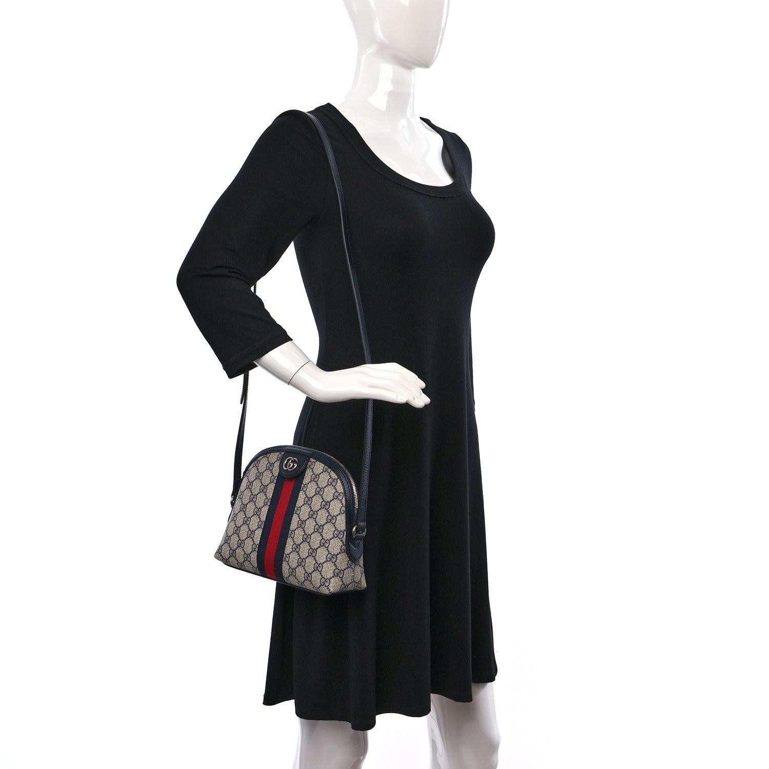 Gucci GG Supreme Monogram Textured Dollar Calfskin Web Small Ophidia Dome Shoulder Bag Beige Blue 2 of 13