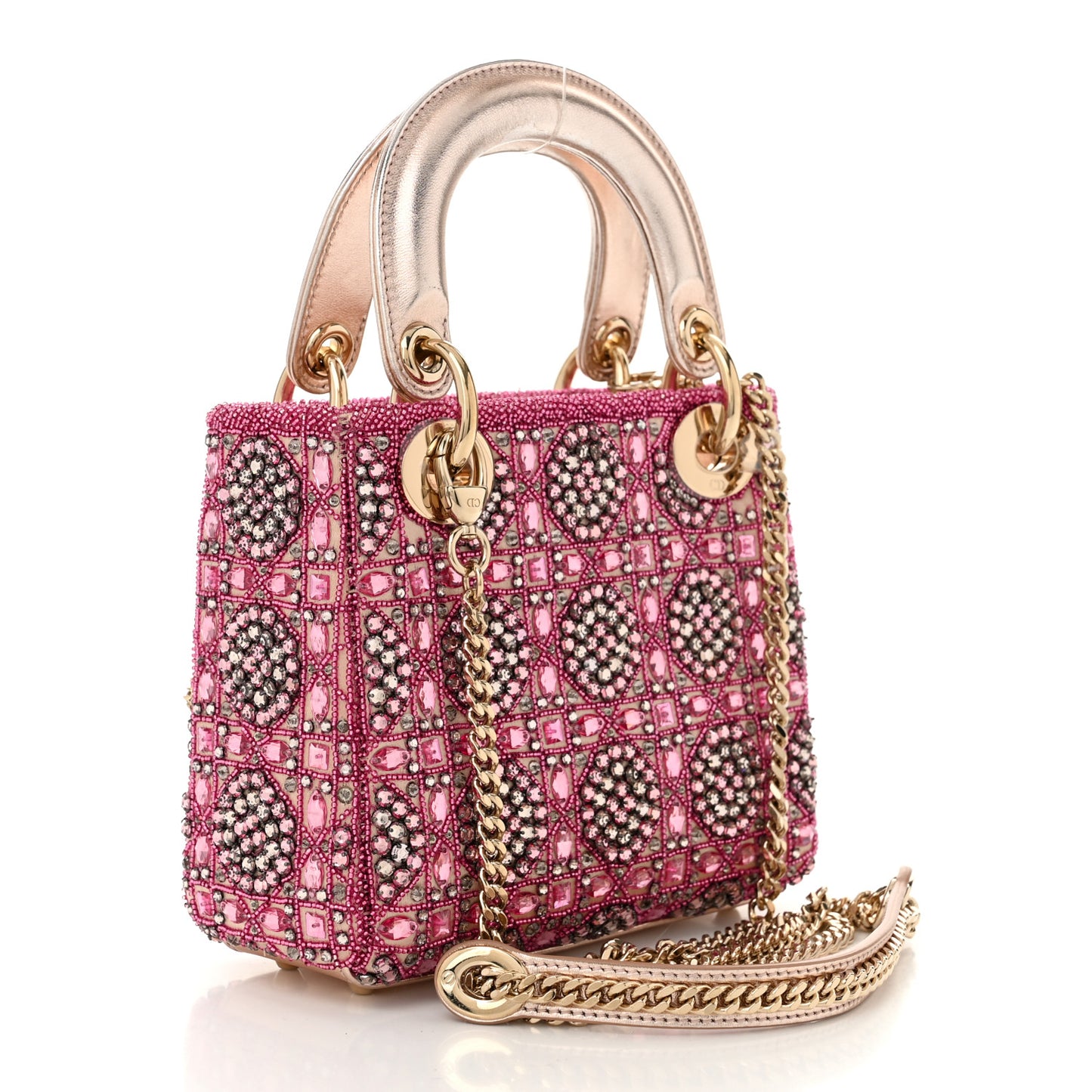 Metallic Calfskin Satin Celestial Bead Embroidery Cannage Mini Lady Dior Rose Des Vents