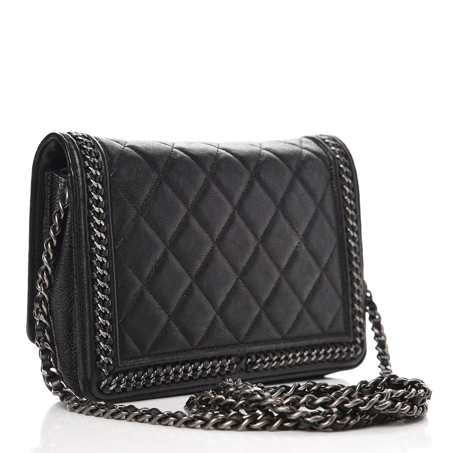 Calfskin Quilted Chain Around Boy Wallet On Chain WOC Black