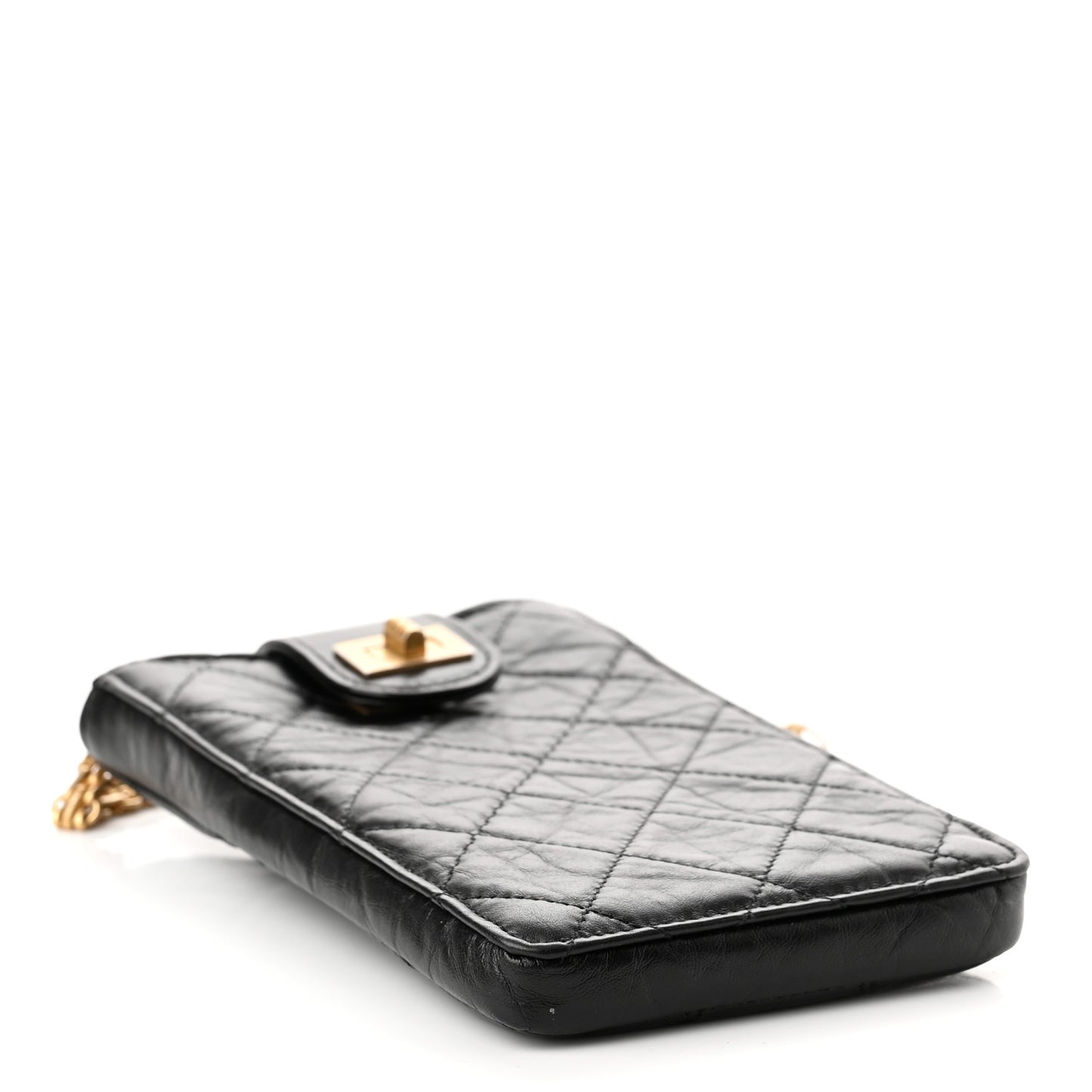 Aged Calfskin Quilted 2.55 Reissue Phone Holder With Chain Black