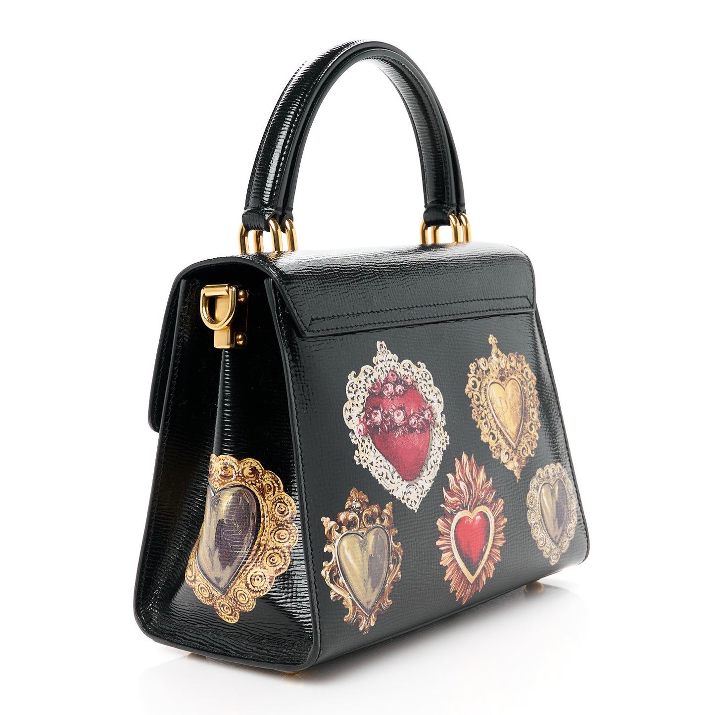 DOLCE GABBANA Grained Calfskin Heart Printed Welcome Satchel Black Multicolor