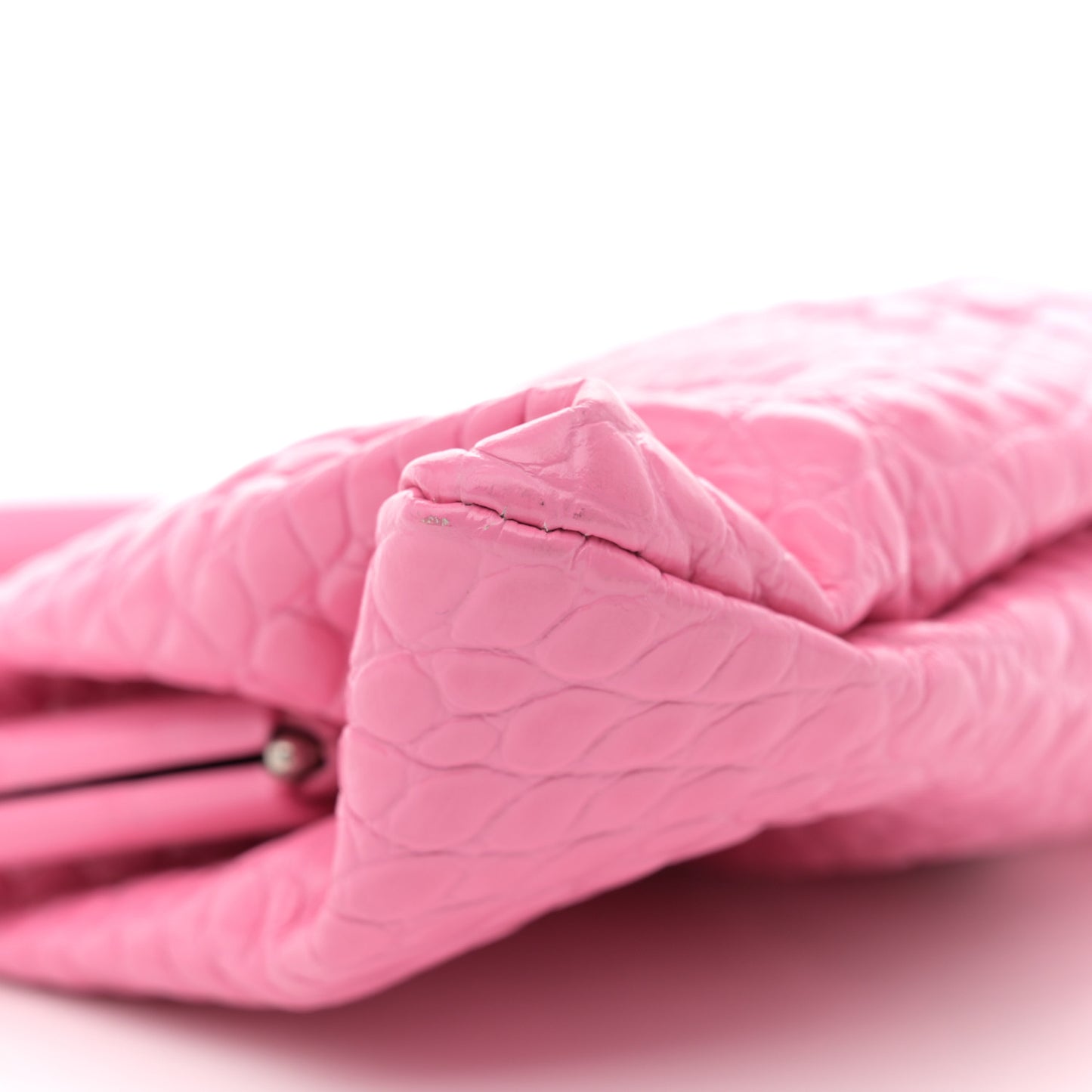 Shiny Supple Calfskin Logo Crocodile Embossed XL Cloud Clutch Pink